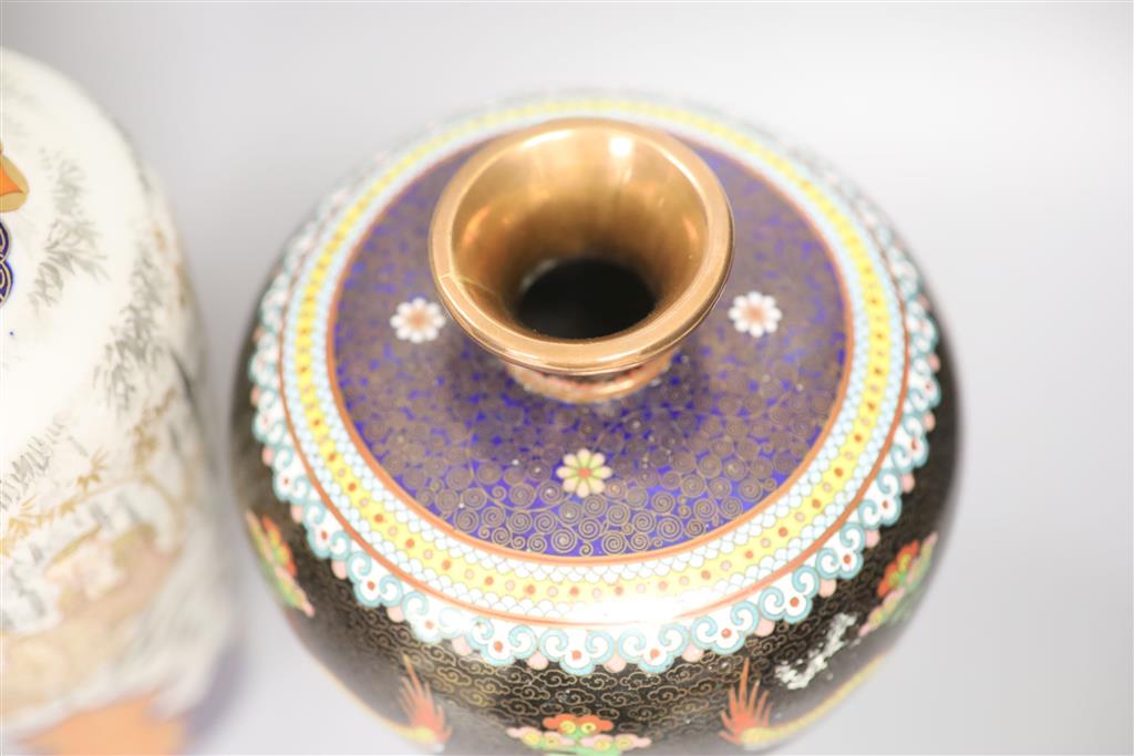 A Japanese Imari vase by Fukngwawa, Koransha, an early 20th century Chinese cloisonne enamel vase and a group of Japanese printed desig